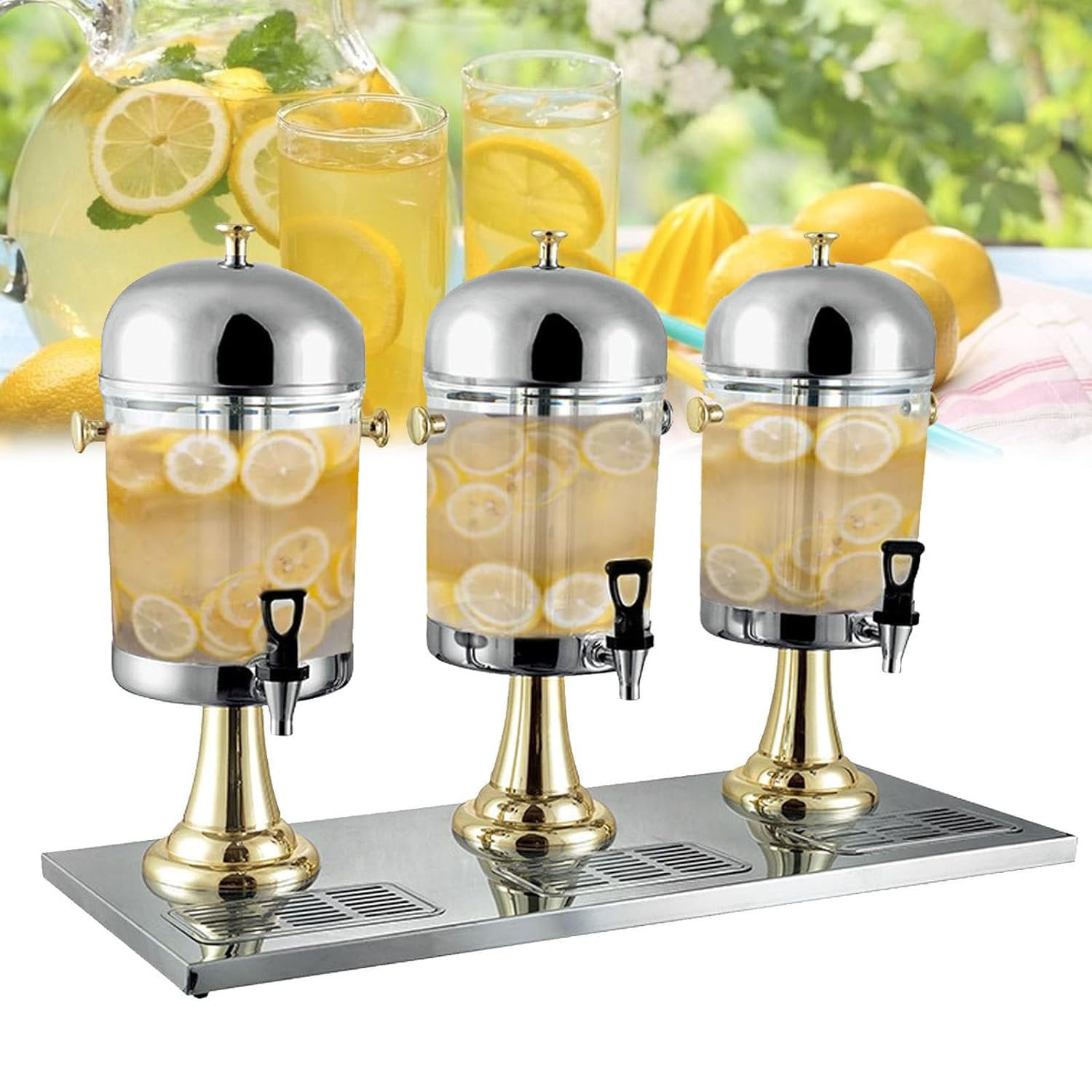 ASerZenith Commercial Juice Dispenser, 16L/24L Stainless Steel Drinks Dispenser Container With Ice Container, Self Service Cocktail Dispenser -Water Dispenser -Drink Tower(Gold-Threehead24L)