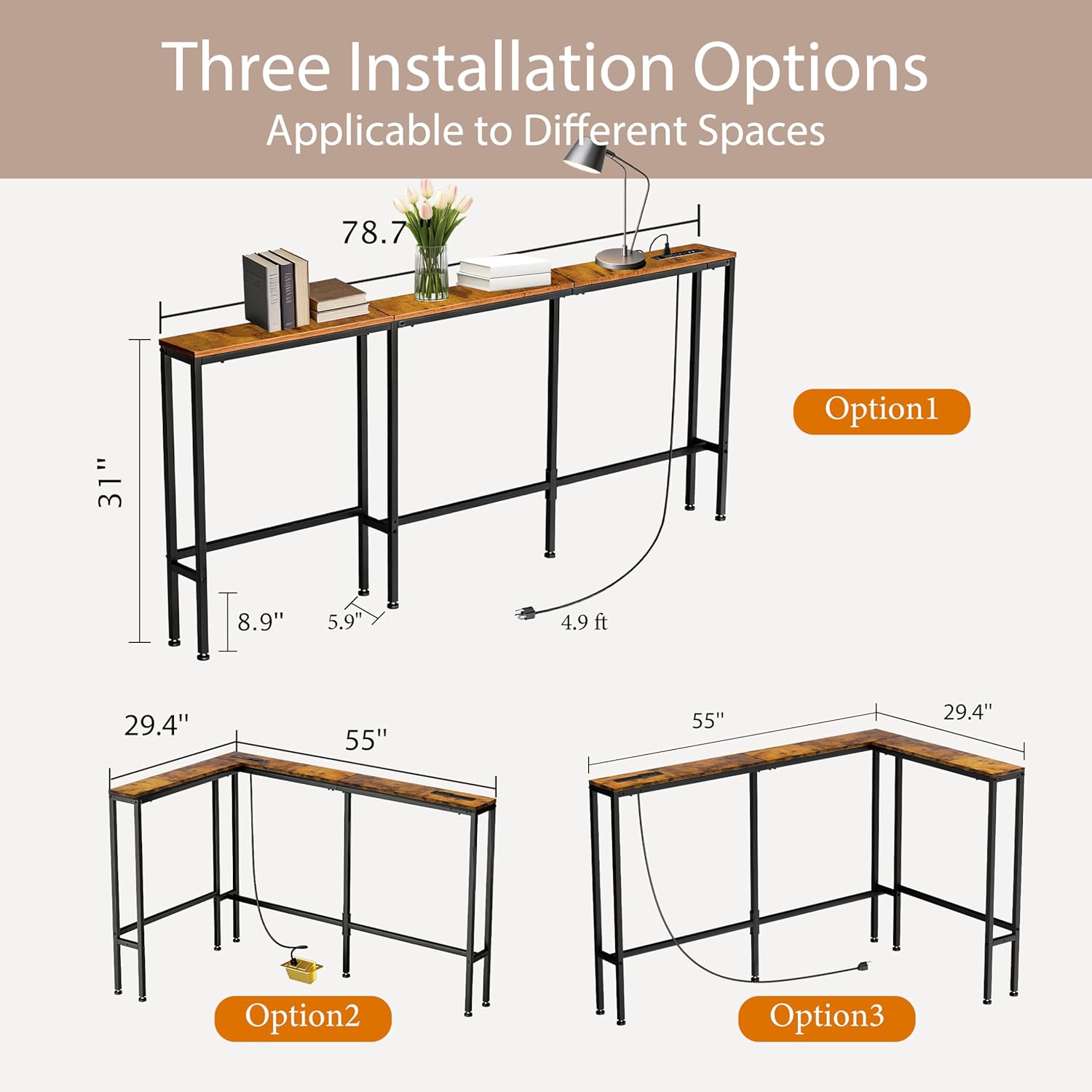 78" Narrow Console Sofa Table with Power Outlets & 2 USB Ports, L Shaped Behind Couch Table Skinny, 3 Assembly Options Entryway Tables with Charging Station for Living Room, Hallway, Brown, 78IN