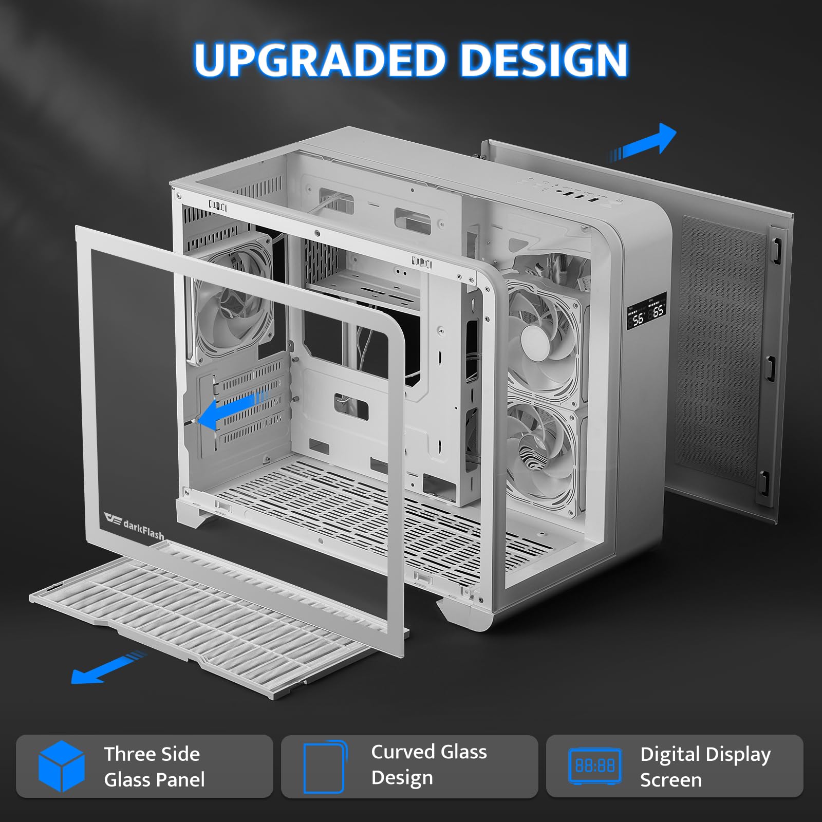 darkFlash MATX Gaming PC Case con schermo, tre lati vetro Micro-ATX custodia, curvo Full View Dual, 3 PWM ARGB Fans Computer Case preinstallato, Tipo C, RTX 40 compatibile, bianco (L280M)