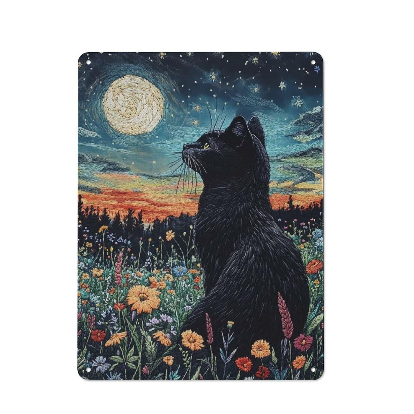 Junmoney Black Cat Under Starry Night Retro-Style Metal Plaque 40X30cm For Garage Or Workshop, For Garage, Workshop And Man Cave Decoration