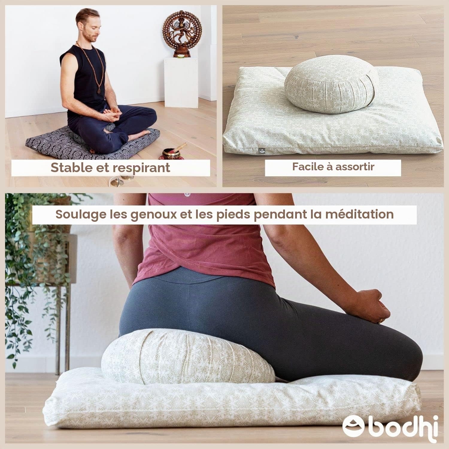 Bodhi Tapis de méditation ZABUTON de la collection Maharaja | Tapis de yoga à motifs avec housse amovible en coton bio | Tapis de méditation | Dimensions 80 x 80 x 6 cm