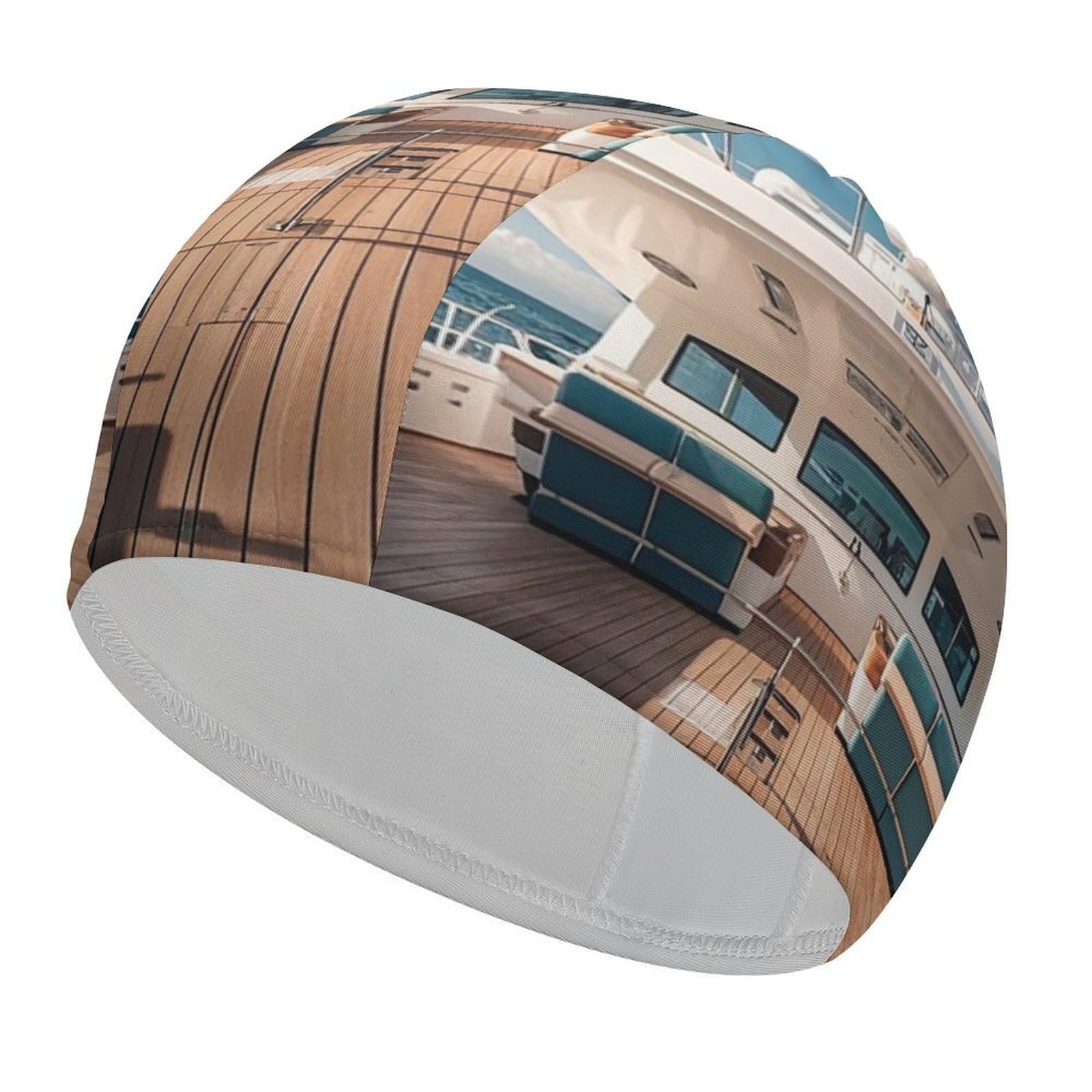 Wooden Deck Yacht Swim Cap for Women & Men High Elasticity Swimming Hat Protects Hair and Scalp, Comfortable Lightweight Bathing Caps for Long Hair