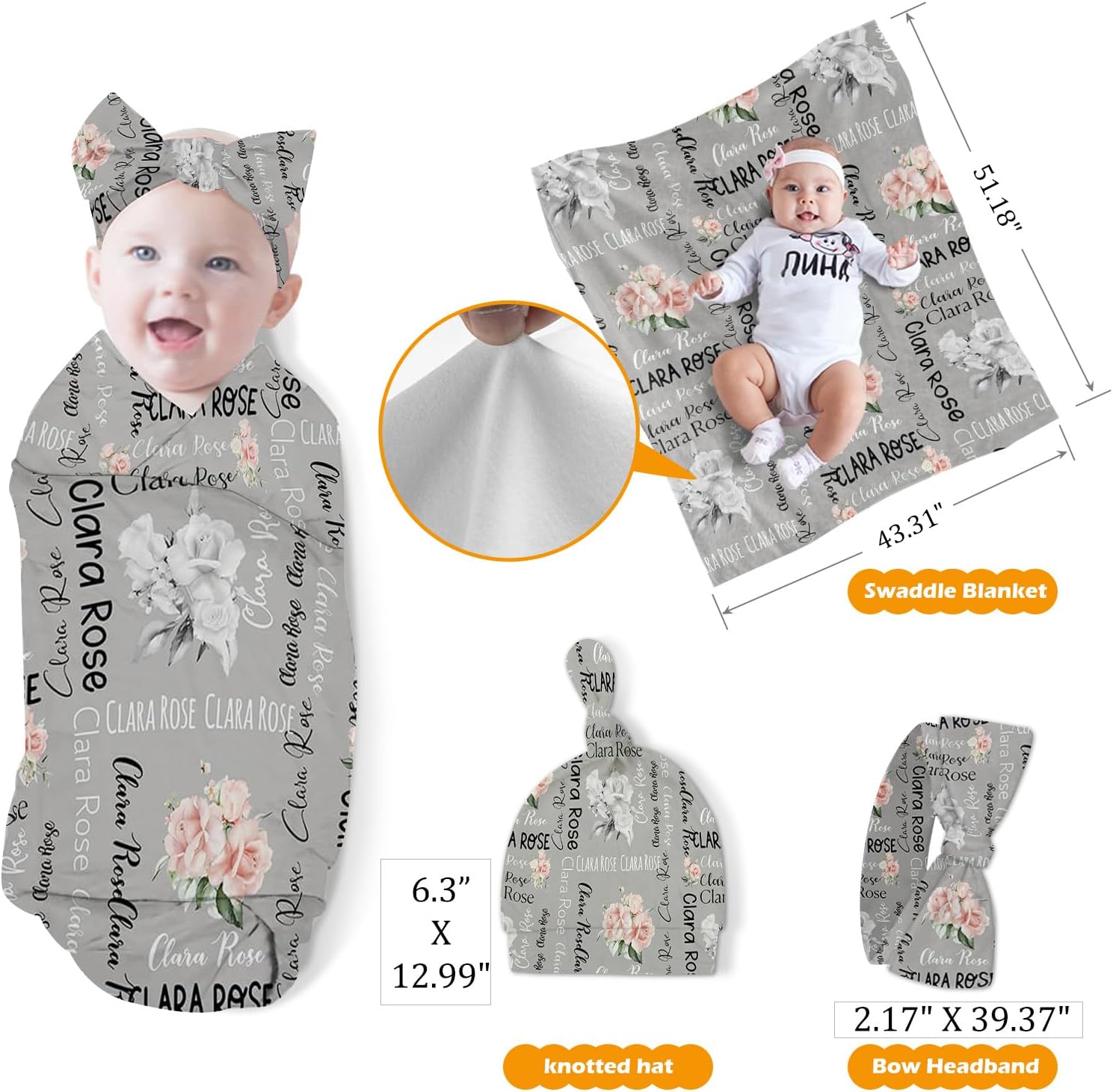 Custom Baby Nursing Swaddling Set: Personalized Custom Name Swaddle Blanket Car Seat Cover Bow Headband Hat Nursing Pillow for Infant Girl Boy Flowers Pattern