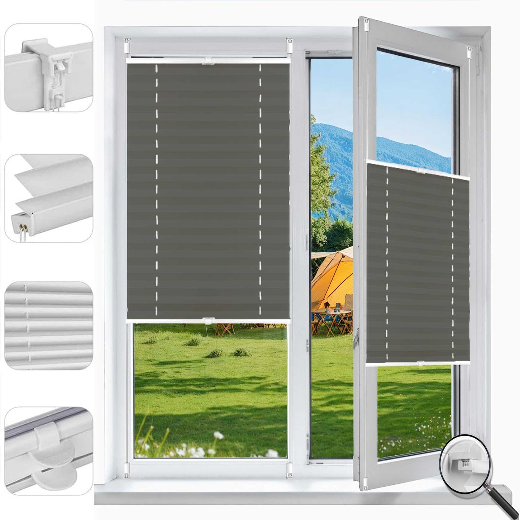 Stick on Blinds for Windows with Clips 25 x 50 cm (W x H), Easy to Install No Tools Needed Quick Fix, No Drill Blinds Non-Woven Fabric Blinds, Pleated Windows Blinds, for Window Door, Light Grey
