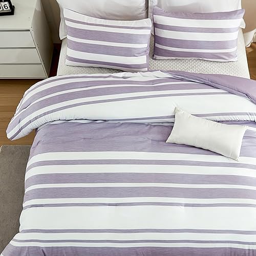 Miniatura 5 de Andency Juego de edredón de 3 piezas de color morado y blanco, juego de ropa de cama de verano a rayas, reversible, suave, ligero, para todas las