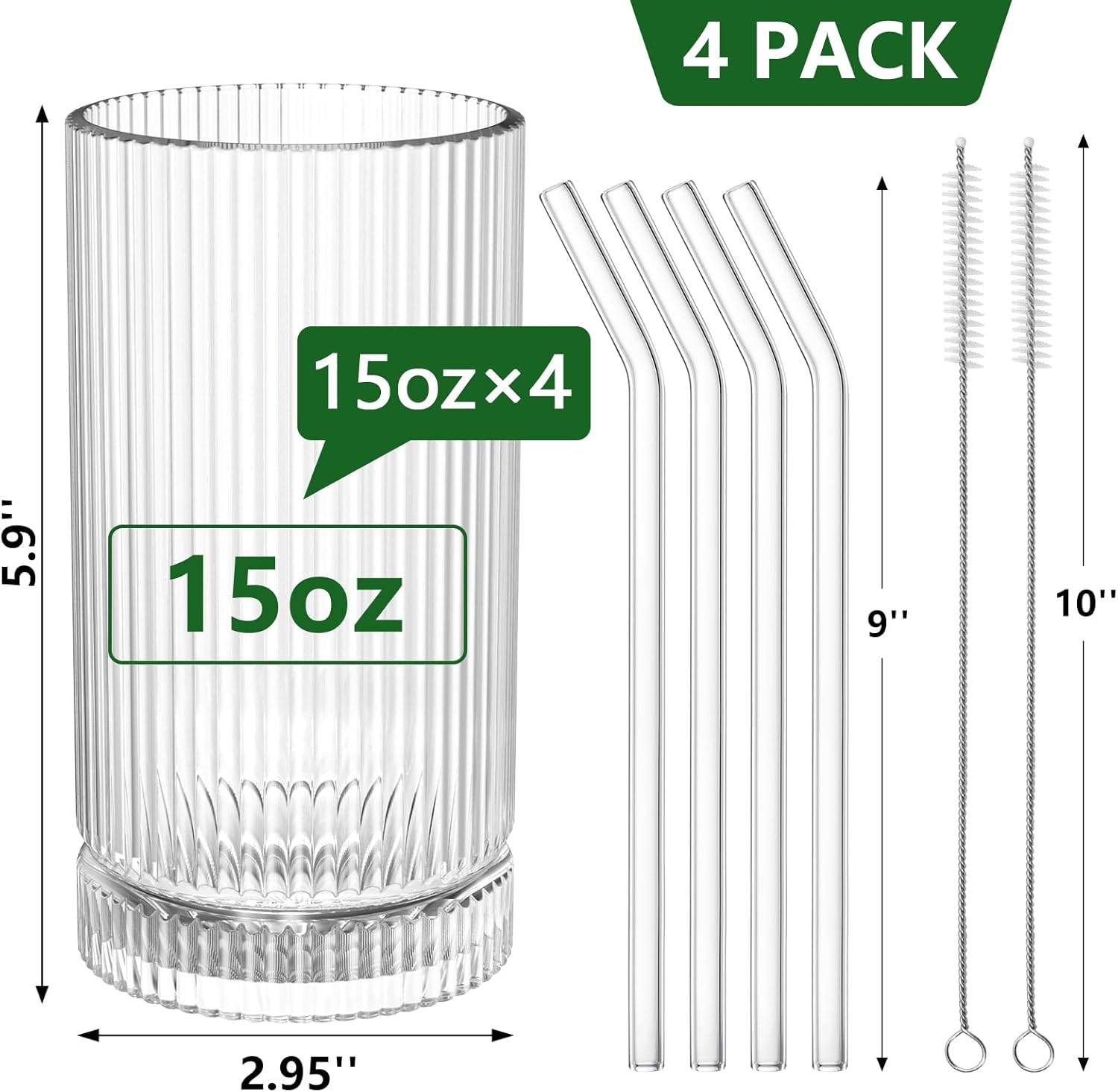 15 Oz Glass Cups with Straws, Vintage Glassware for Whiskey Cocktail Beer, Iced Coffee Cups and Drinking Glassare (4 PACK) - Image 2