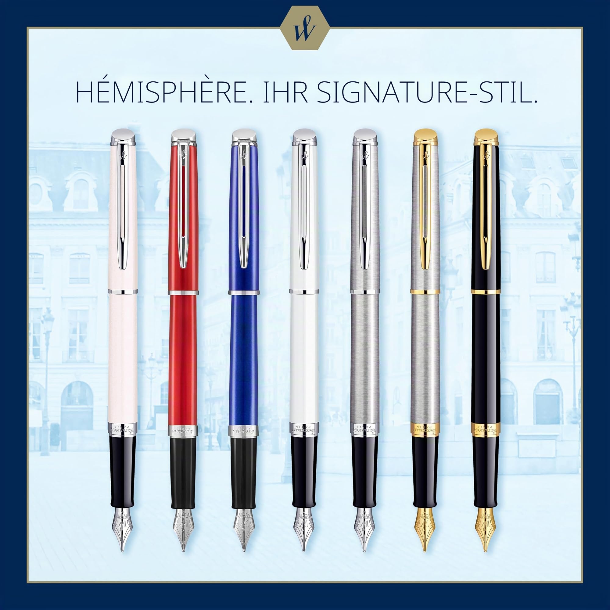 Waterman Hémisphère Füller | Edelstahl mit Chromzierteile | Füllfederhalter mit mittlerer Feder und blauer Tinte | Geschenkbox