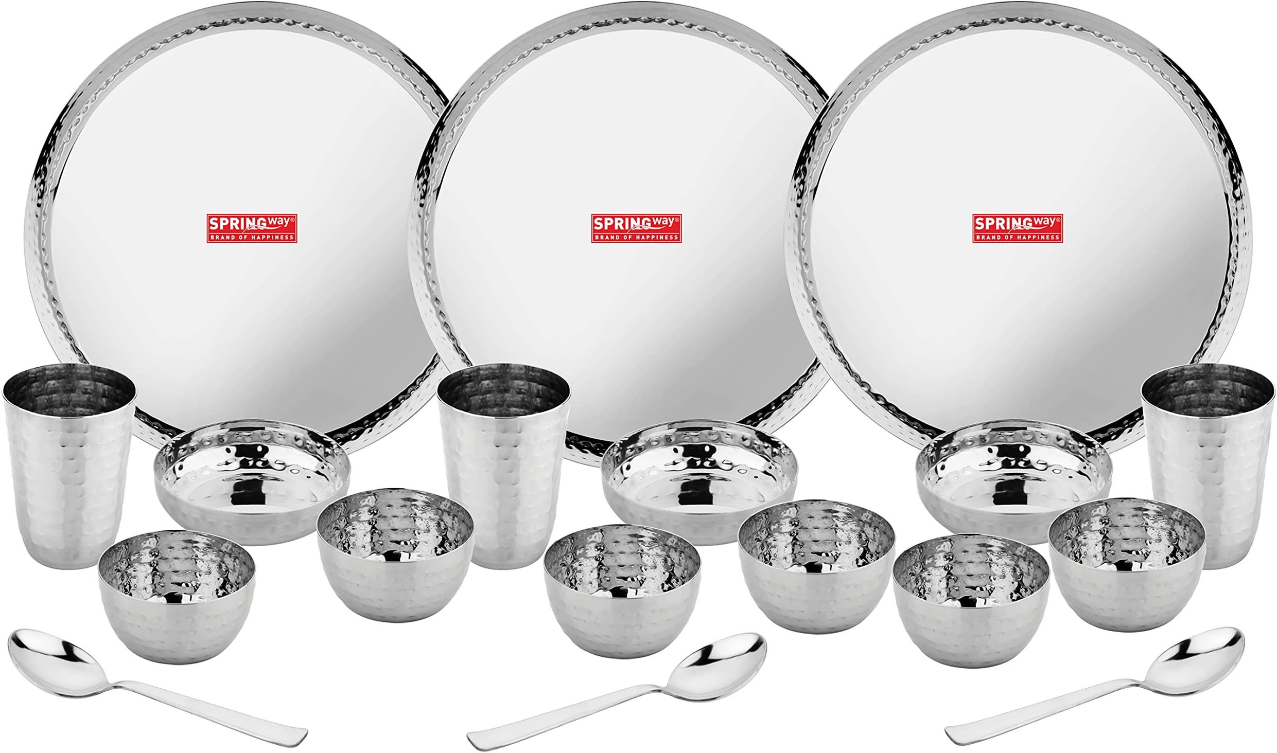 SPRINGWAY - Brand of HappinessKingKraft Dinner Set of 3 Dinner Plate, 3 Halwa Plate, 6 Katori Bowl, 3 Glass, 3 Spoon (Silver) (Set of 18)