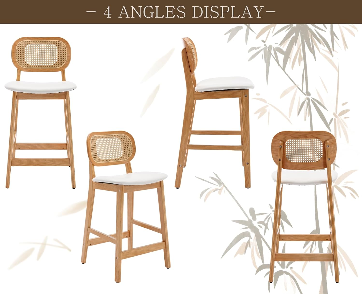 Shunzhi Rattan Counter Height Bar Stools - Set of 2 Wood Farmhouse Barstools with Cane Back Faux Leather Kitchen Island Chairs Boho Upholstered Pub/Home Bar Chairs, White