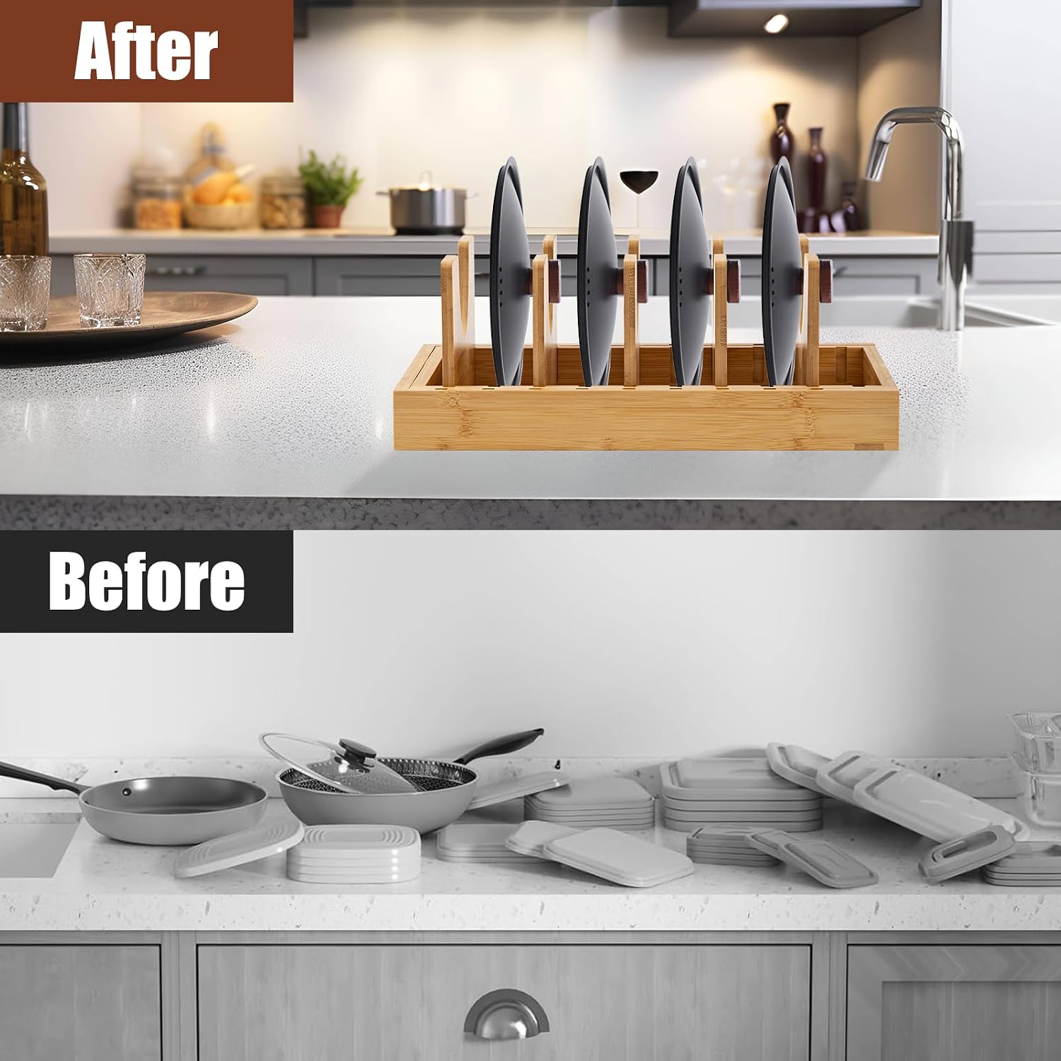 Lid Organizers Inside Cabinet 2-in-1 Expandable Pot Baking Sheet Organizer Adjustable Pot Lids Holder Rack Cutting Board Rack Plate Organizer for Cabinet