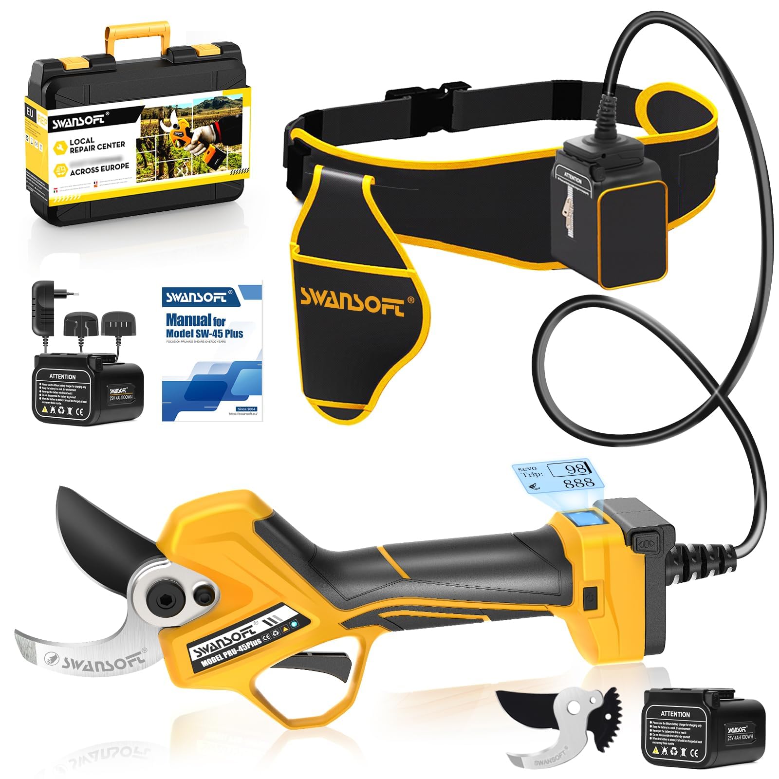 SWANSOFT PRU45-PLUS Tijeras de Podar Electricas Profesionales 45mm,1150W Motor sin Escobillas,25V 4Ah x2 Baterías,Pantalla LCD Tijeras de Podar Bateria para Olivos y Viña