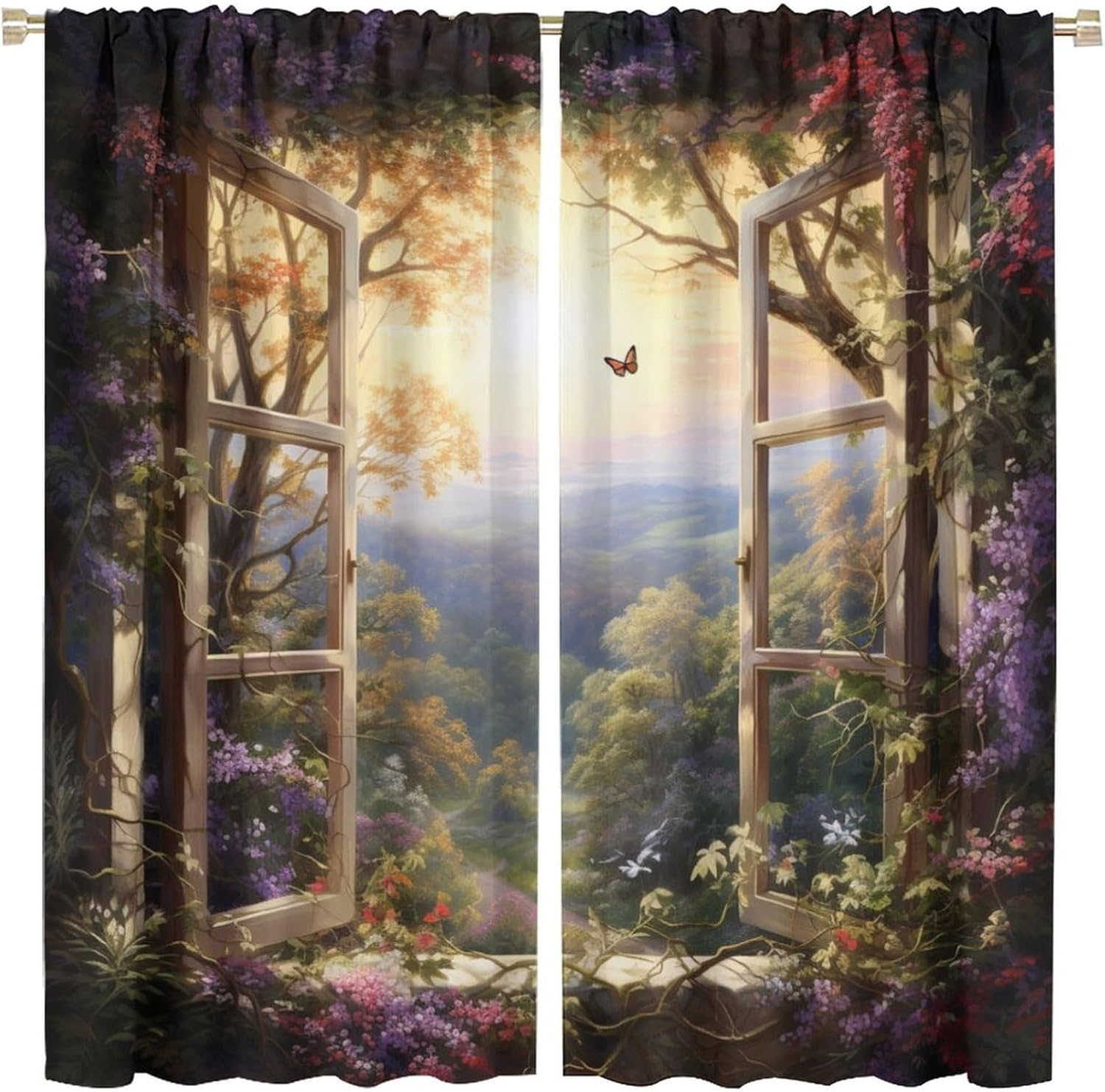 Vintage Window Scenery Plant Flower Blackout Curtain, Butterfly Vine Window Scenery Art Deco Landscape Bedroom Kitchen Curtain, Beautiful Forest Curtain 2 Pieces 42x45in, Style-2