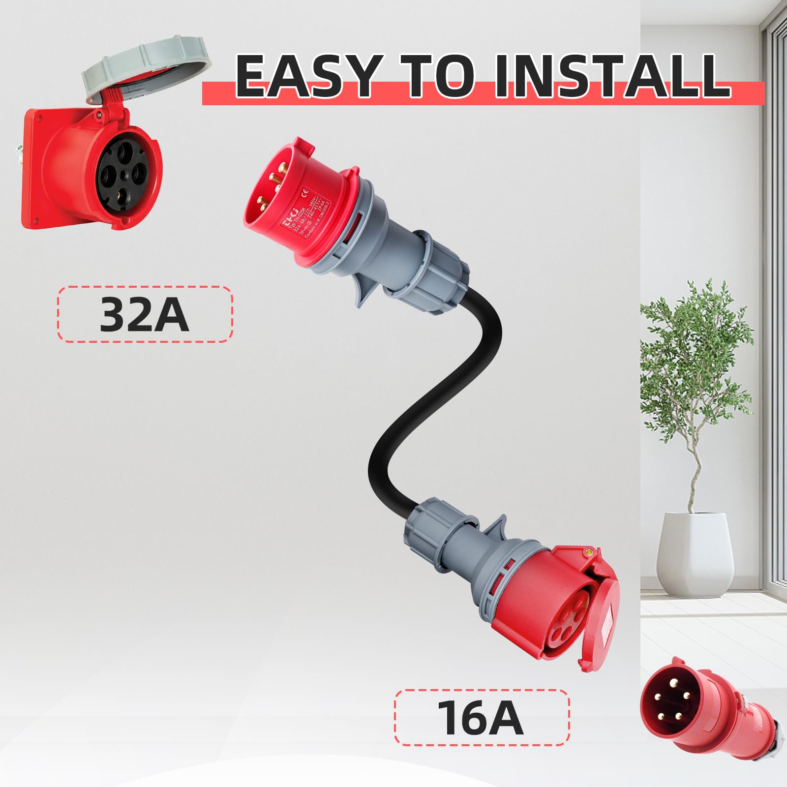 Adaptateur CEE 32a vers 16a 5 Broches Portable Étanche IP44 0,5m Courant Fort 5x2,5mm² pour Véhicules Électriques, Ménage, Ateliers, Chantiers, Industrie