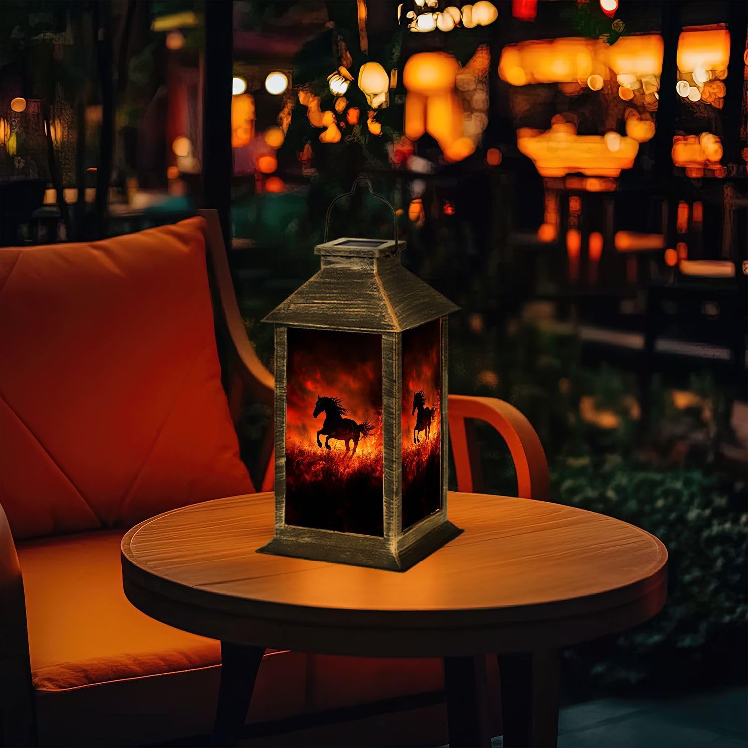Solar Lantern Galloping Horse Fiery Autumn Sunset Canvas Outdoor Waterproof Garden Hanging Lantern Solar Powered Lighting Outside Table Lamp for Patio Deck Camping 1 Pack