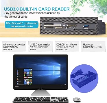 5.25 Inch Multifunction Front Panel Internal Reader,USB 3.0 Port All in one Multimedia 64G PC Dashboard Reader with 6 Plated Slots,Support M2, MS, XD, CF, TF