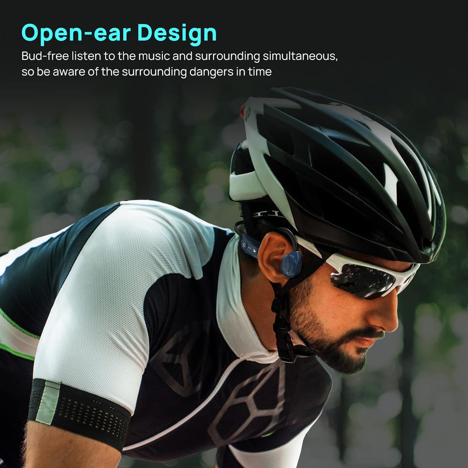 Person wearing Mionbel headphones while cycling, demonstrating open-ear design