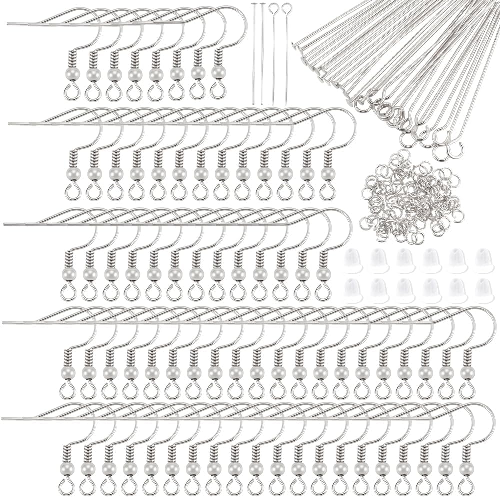 Beebeecraft 360Pcs 5 Styles Fish Hook Earring Findings Jewelry Making Including Stainless Steel 100Pcs Earring Wire Hooks 60Pcs 2 Styles Head Pins 100Pcs 5mm Open Jump Rings 100Pcs Ear Nuts Supplies