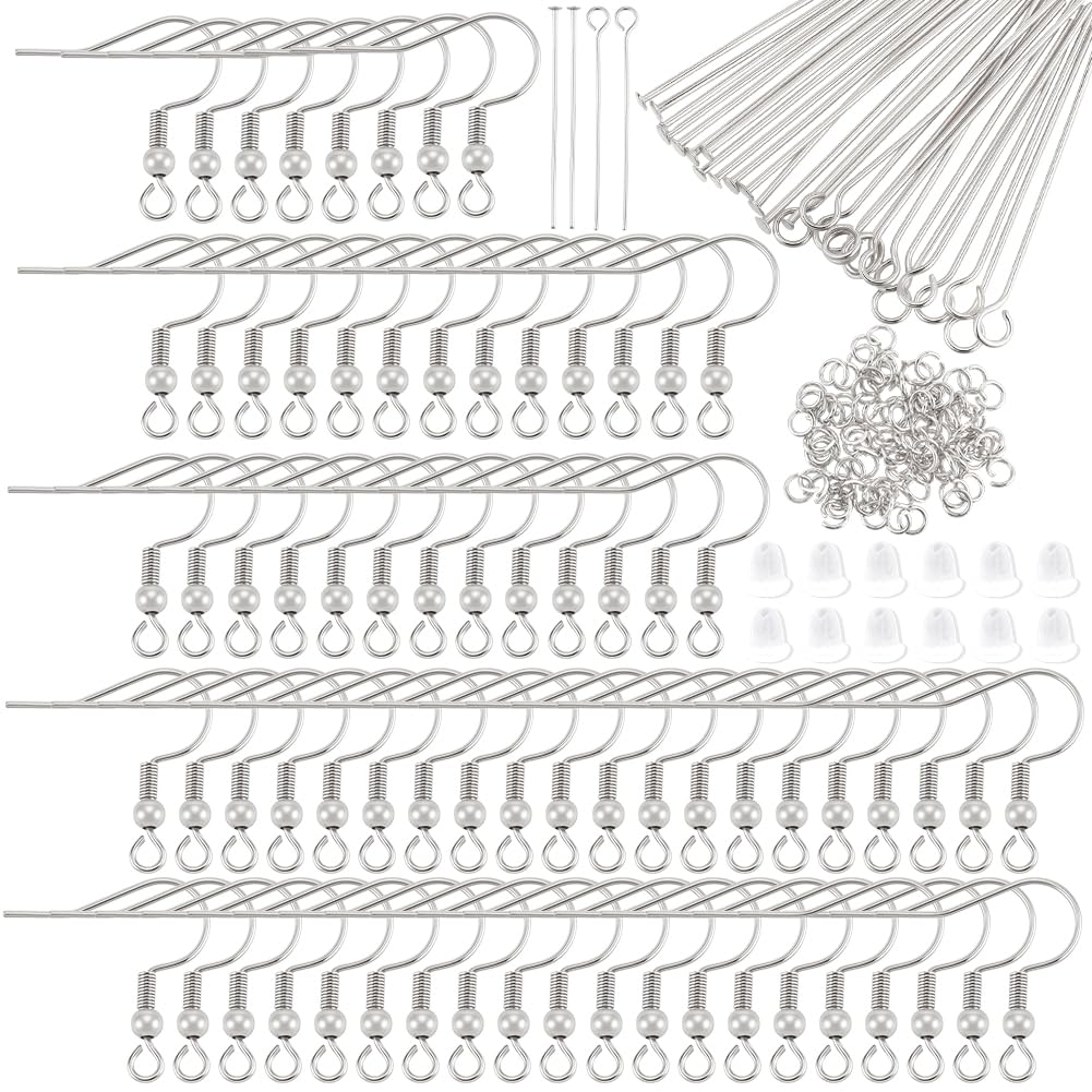 Beebeecraft 360Pcs 5 Styles Fish Hook Earring Findings Jewelry Making Including Stainless Steel 100Pcs Earring Wire Hooks 60Pcs 2 Styles Head Pins 100Pcs 5mm Open Jump Rings 100Pcs Ear Nuts Supplies