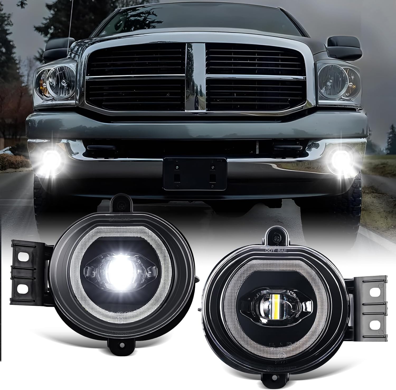 R&F Auto Fog Lights with DRL Compatible with Ram 1500 (2002-2008), Luces Antiniebla for Ram 2500 3500 (2003-2009) Pickup Trucks Faros Led Foglight Assembly Daytime Running Light