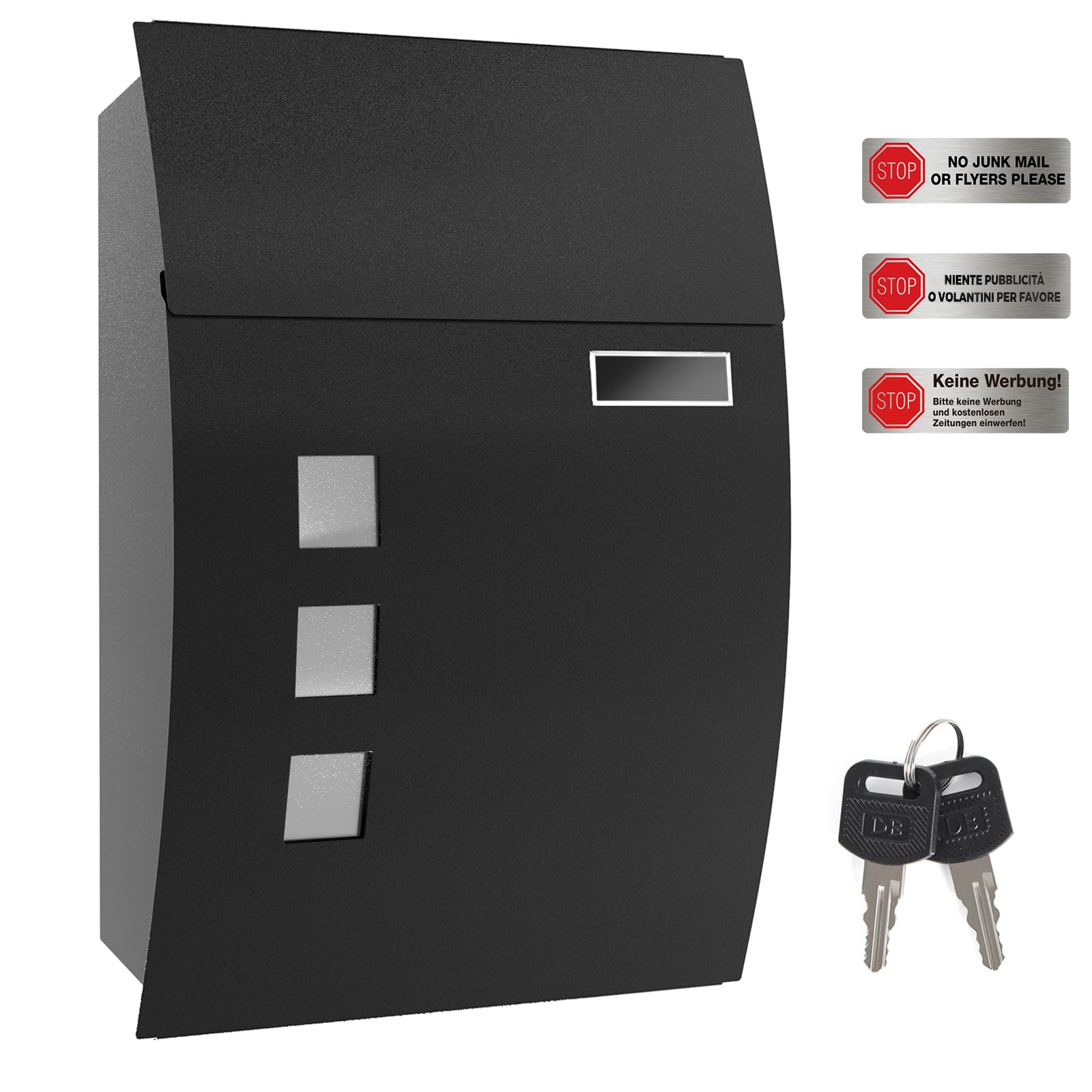 Songmics Black Mailbox, Wall-Mounted Lockable Post Letter Box With Viewing Windows, Nameplate, And Keys, Easy To Install, Gmb30bk