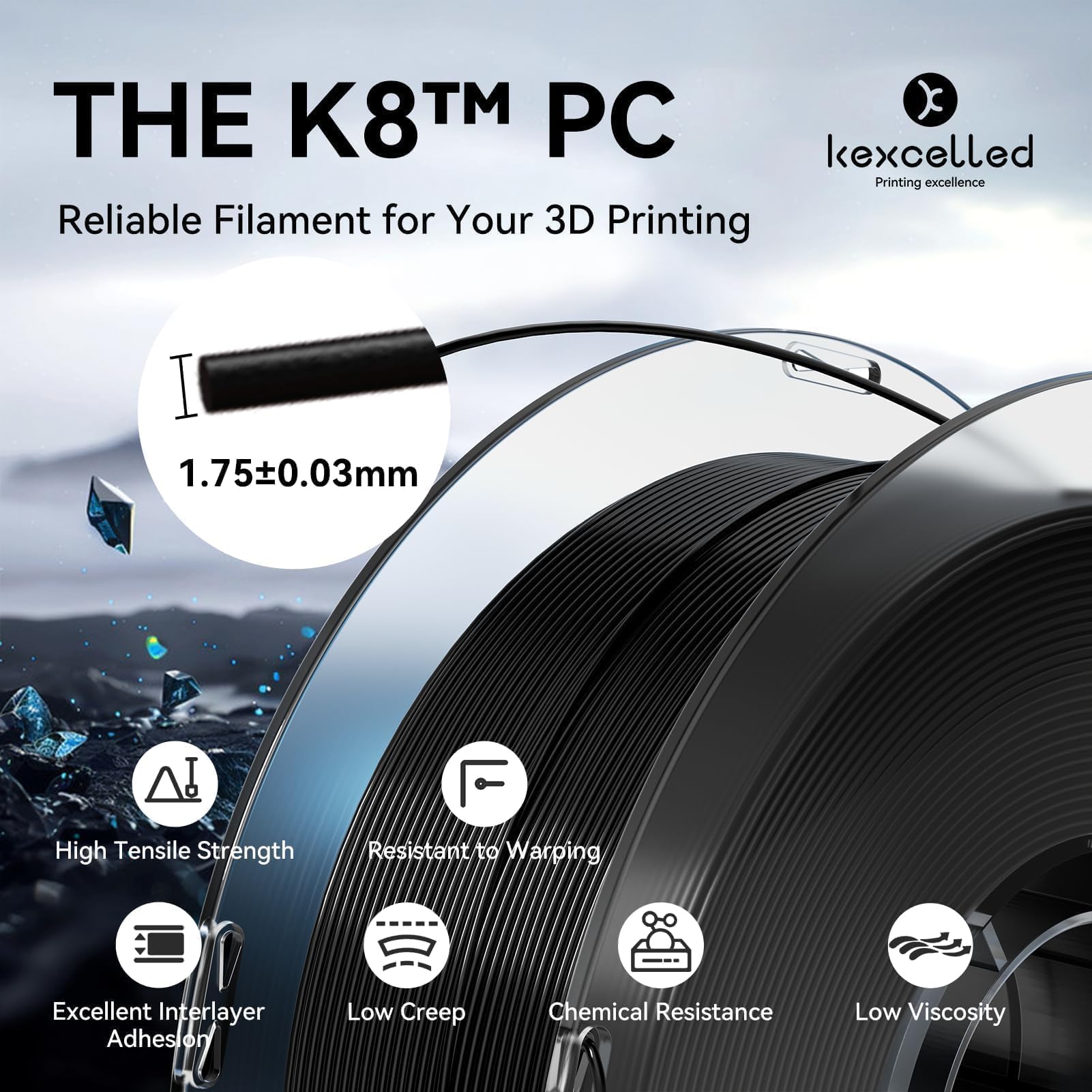 kexcelled Filamento de policarbonato transparente de 1,75 mm, 1 kg, resistente y resistente al calor, precisión dimensional +/- 0,03 mm