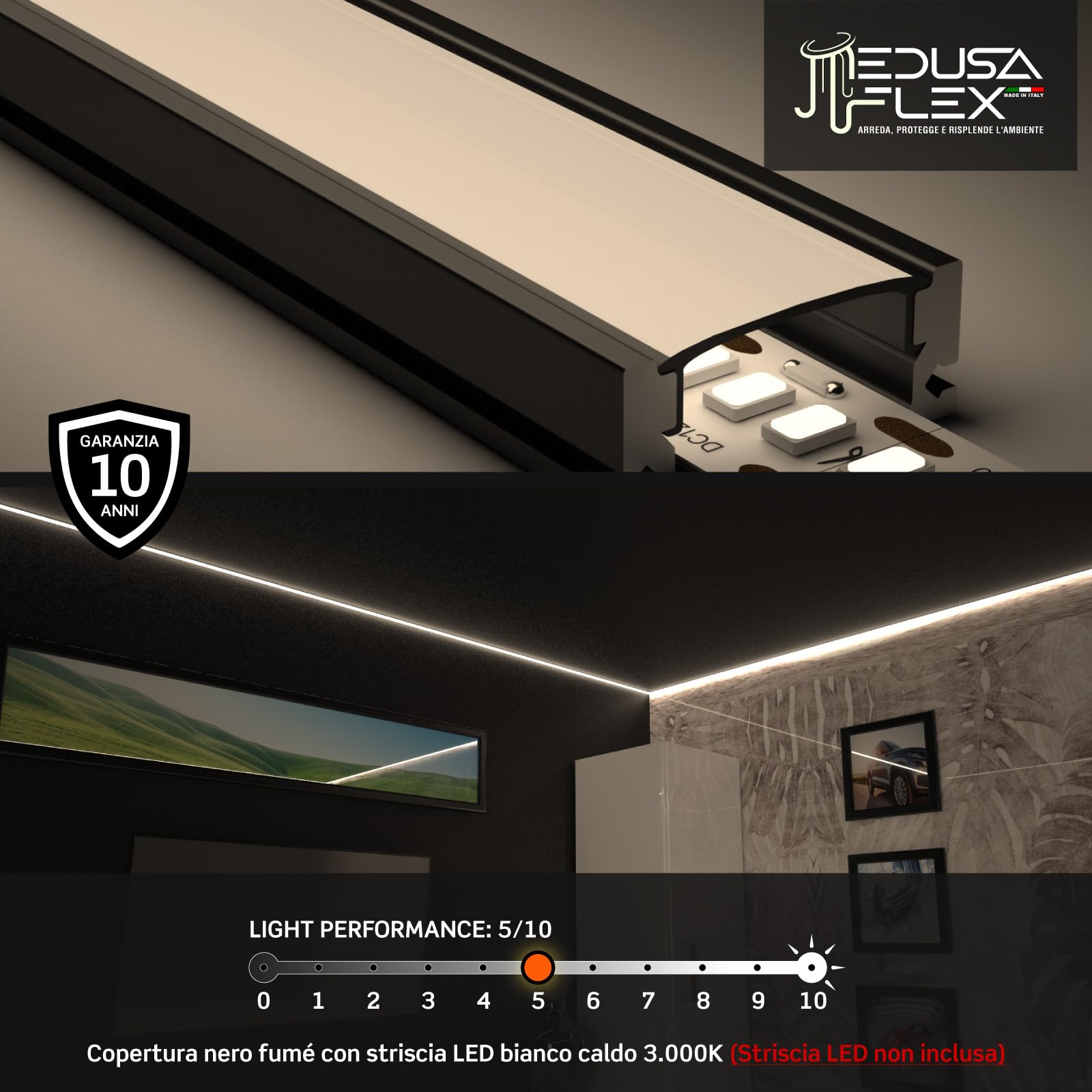Eurocali Profilo Alluminio per Strisce LED Nero con copertura Professionale Nera Made in Italy MedusaFlex in Policarbonato - Pacco da 10 pezzi (20m) - 2000 x 17.4 x 7mm - Cover standard nera inclusa