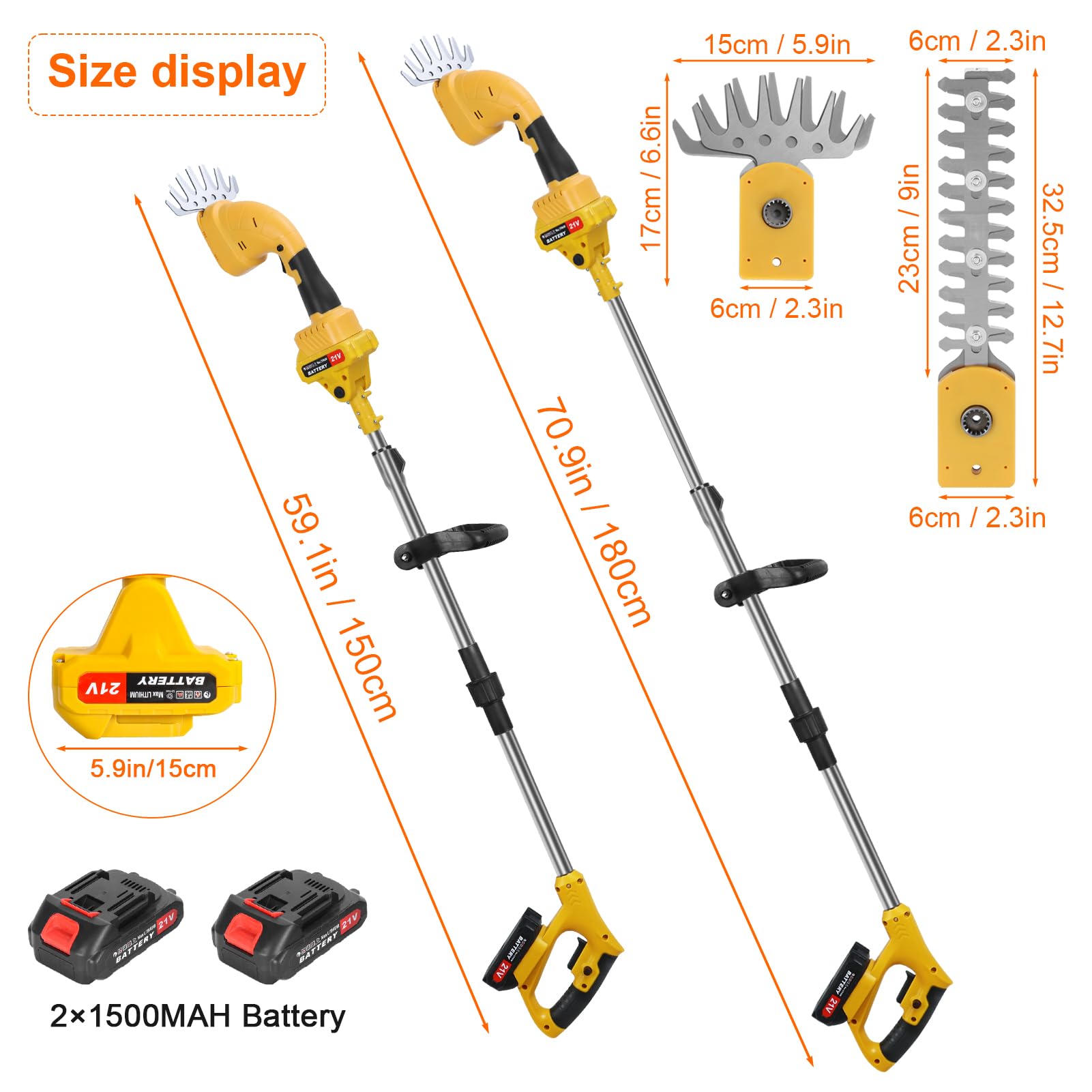 Taille-haie sans fil 2 en 1 21 V avec batterie et chargeur et cisaille à gazon avec rallonge