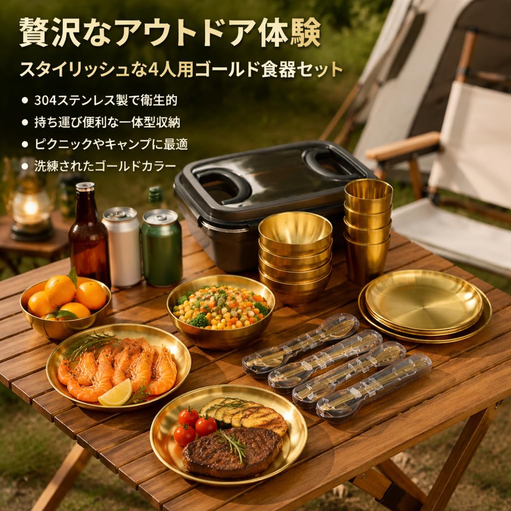 Robustes Camping Geschirr Set, faltbares tragbares Gold-Essgeschirr aus 304, Nesting Campinggeschirr mit Tasche für, 4 Personen