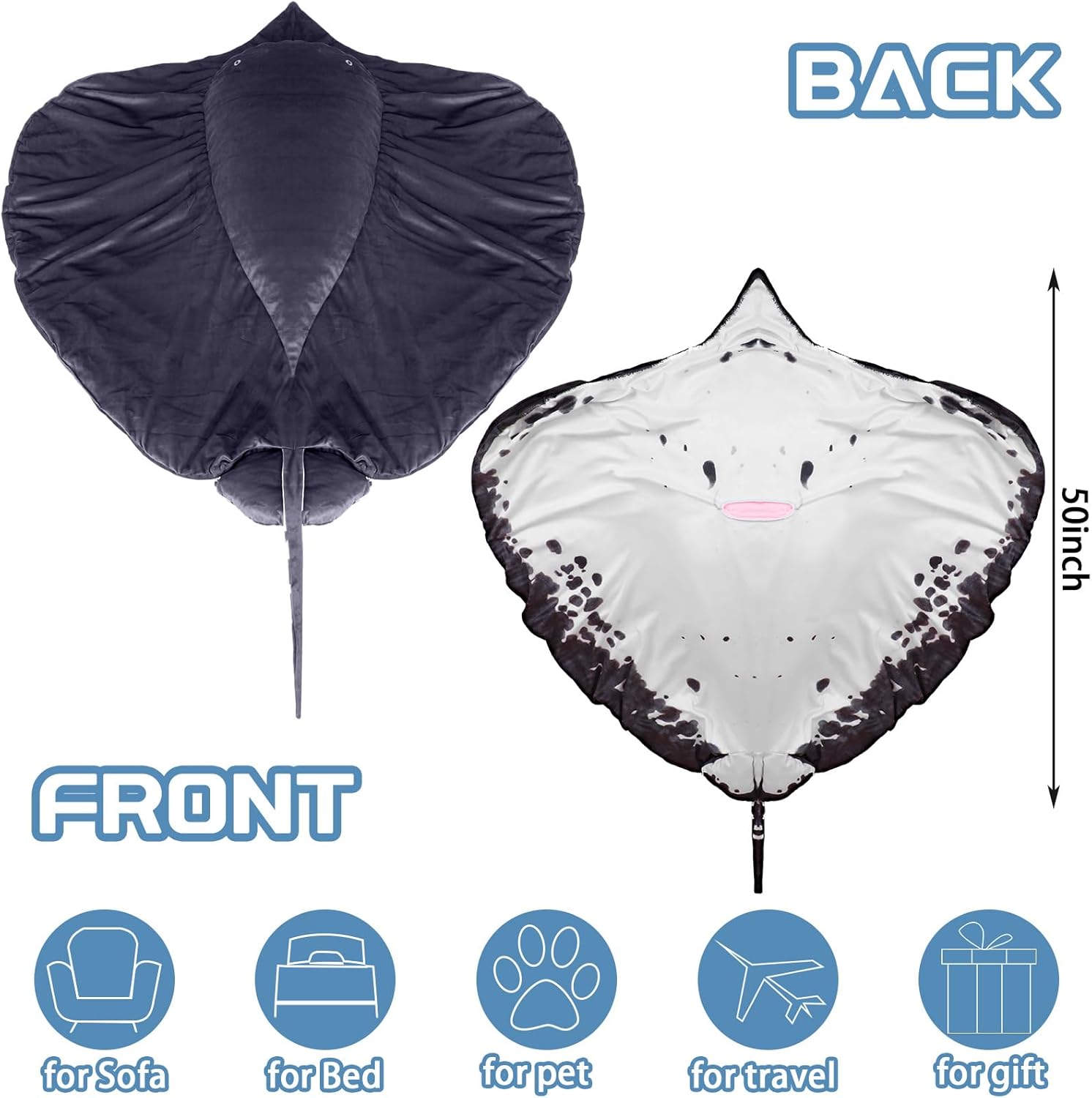 Ganeen Devil Fish Manta Ray Animals Soft Plush Stuffed 50 x 50'' Kawaii Office Blanket Mat Carpet Cute Hugging Pillow Airplane Men Woman Home Decor Blanket for Pets