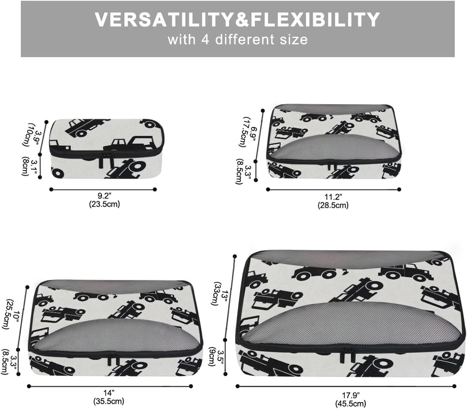 Mechanical Truck Black 4 Pcs set organizer bags set Mesh Travel Essentials expandable packing cubes