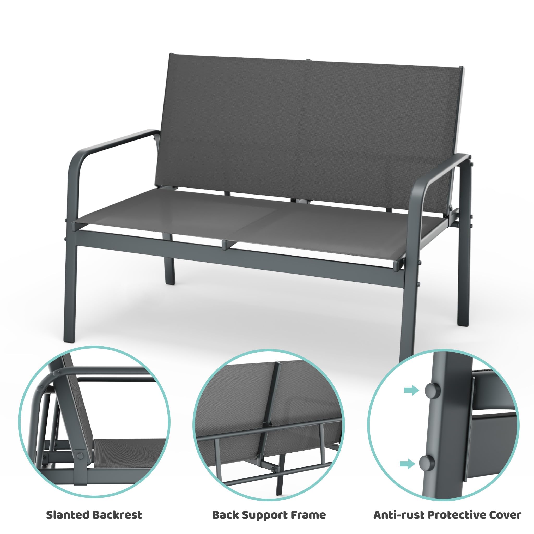 Mondeer Salon de Jardin Exterieur 4 Personnes pour Extérieurs, Gris Foncé | Mobilier de Jardin 4 pièces avec 2 Places 2 fauteuils 1 Table Basse, Métal et Textilène, pour Terrasse Balcon