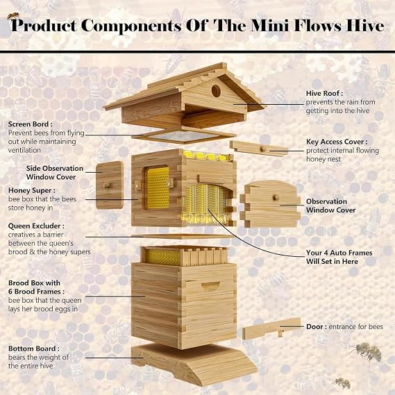Beehive Starter Kit, Carpenter Bee House for Garden Pollinators, Complete Bee Box with Observation Window and Honey Spout, Bee Hive for Beekeeping