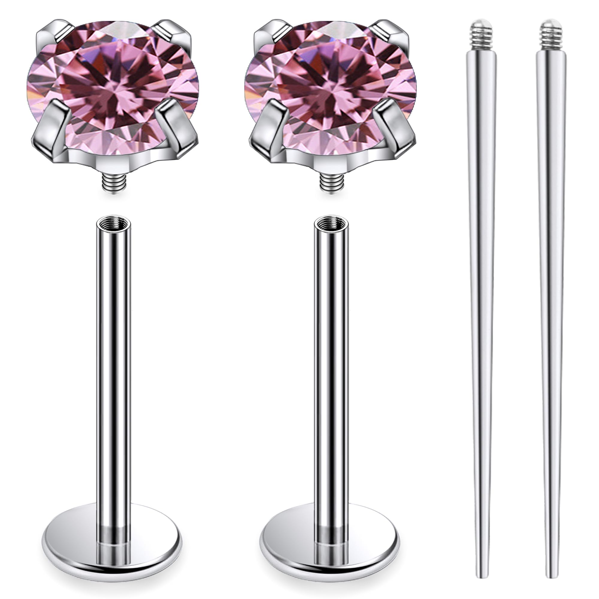 Ruifan ASTM F136 Titanium Cheek Piercing Barbell Jewelry 16G 14G Internally Threaded Flat Back Tongue Rings Cubic Zirconia Solid Titanium Labret Body