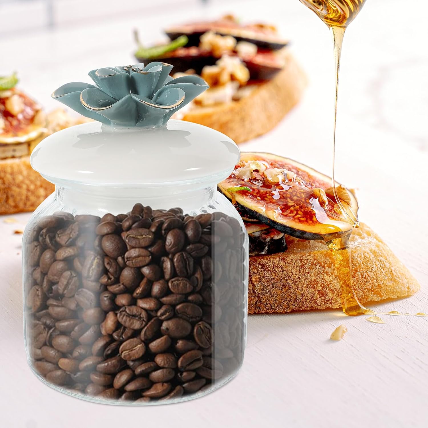 MAGICLULU Glass Airtight Kitchen Canister with Ceramic Flower Lid, Nordic Style Sealed Glass Storage Jar for Coffee, Sugar, and Food Organization