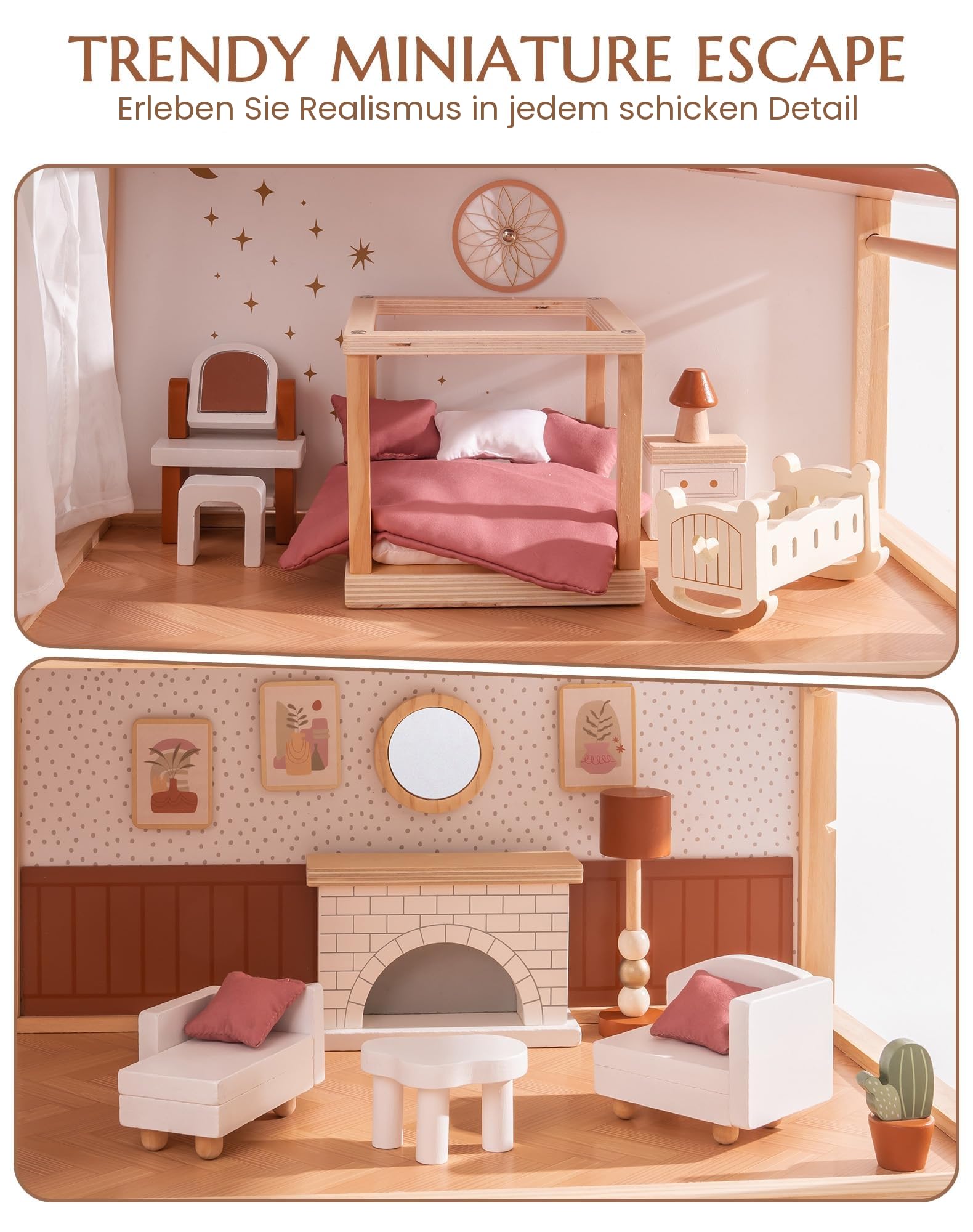 ROBUD Puppenhaus Holz, 3-Stöckiges Böhmischen Stil Puppenhaus mit 37 Zubehör & Möbel, Kinder Spielzeug Dollhouse