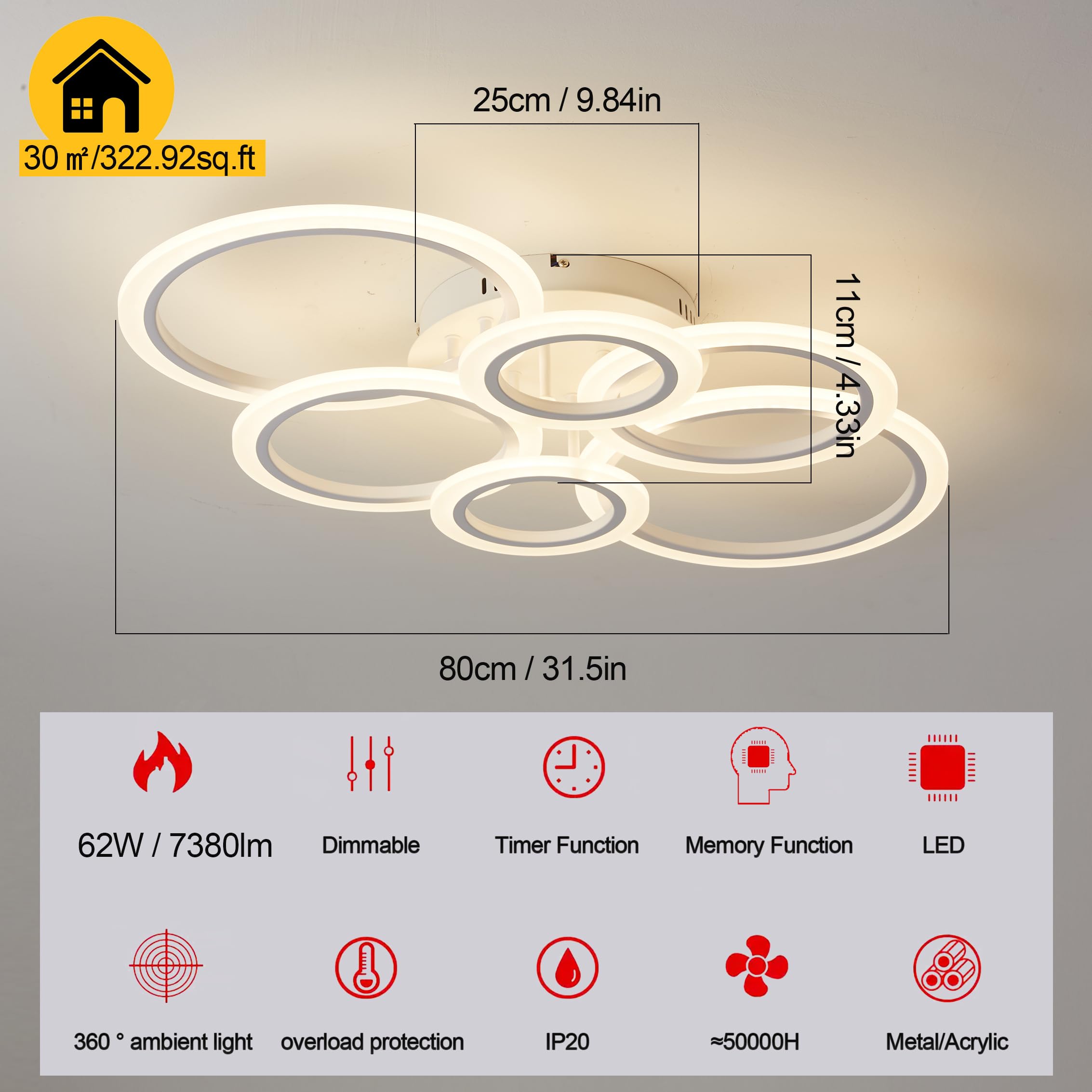 Narwhal Deckenlampe Wohnzimmer 62W mit Fernbedienung APP, Dimmbar LED Deckenleuchte Ringform Pendelleuchte Moderne Design Deckenbeleuchtung für Wohnzimmer, Schlafzimmer, Arbeitszimme