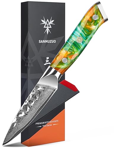 SANMUZUO 3.5 Inch Paring Knife - Fruit and Vegetable Peeling Knives, Forged Damascus Steel & Resin Handle - YAO Series
