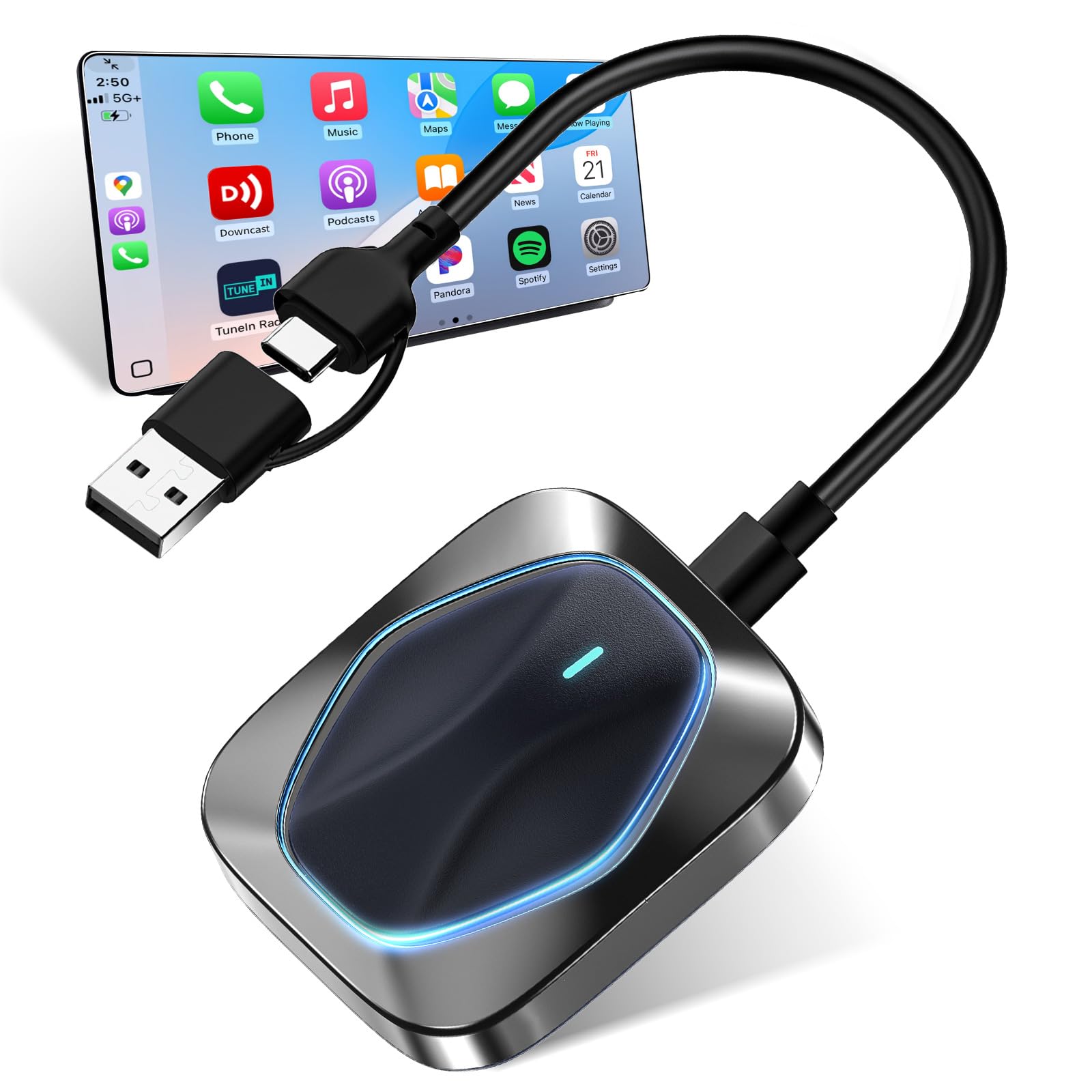 Carplay Wireless Adapter for iPhone,RGB Light Mini Size Bluetooth 5.3 WiFi 5.8 GHz,Plug and Play Convert Wired to Apple Carplay Wireless Adapter,Connect Stable No Delay Lag(USB-A/Type-C Port) 03B