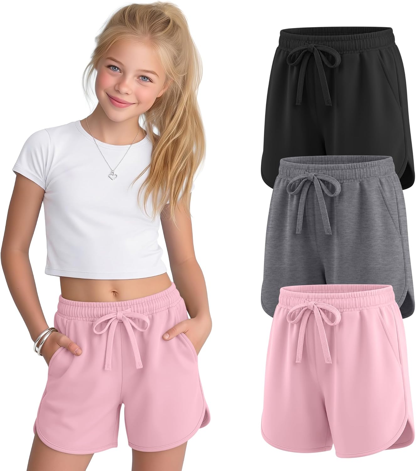 3 Pack Girls' Athletic Shorts High Slit Elastic Waist Drawstring Sweat Shorts Casual Pants with Pockets Ages 5-16
