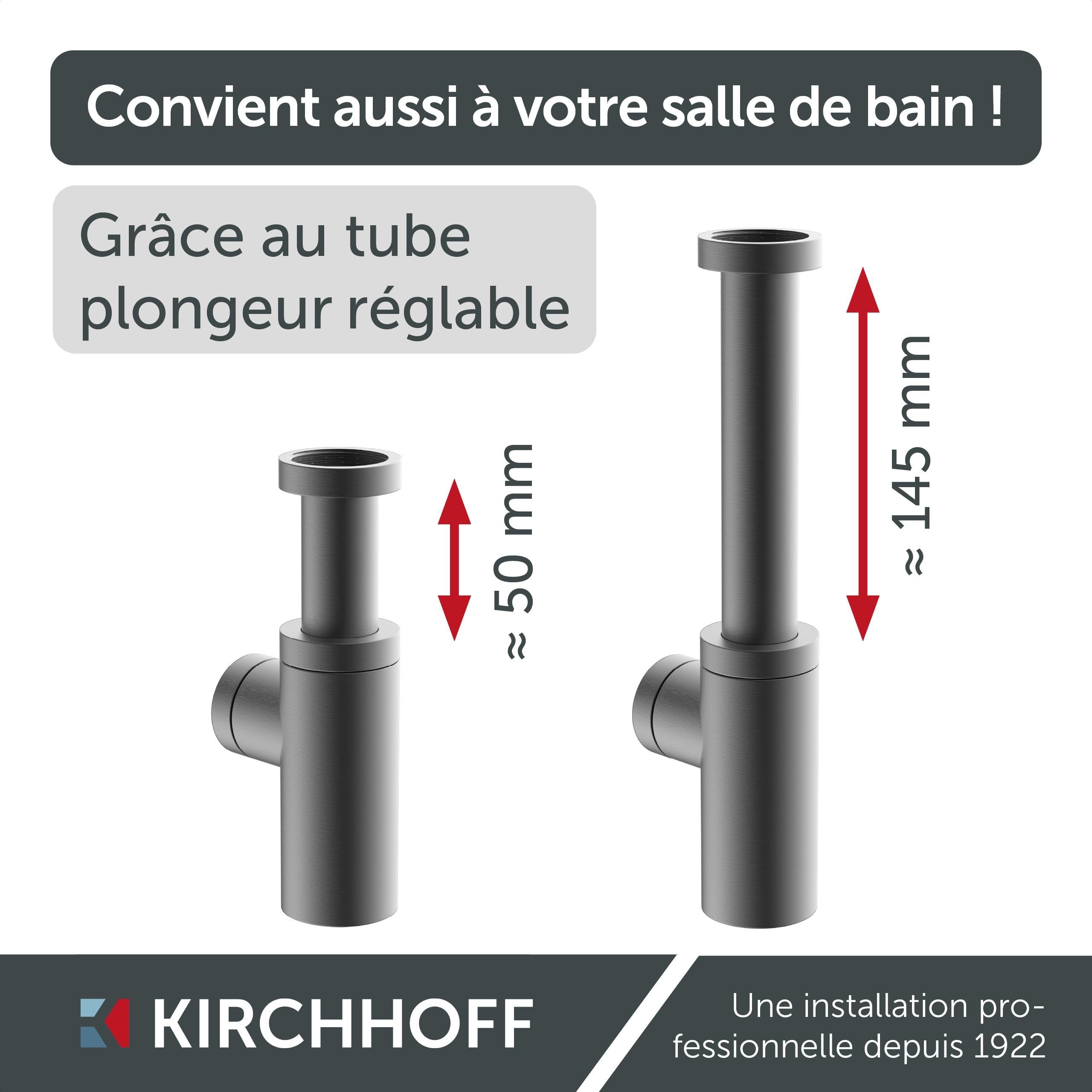 Kirchhoff Bonde de Lavabo Universelle Graphite Mat, Siphon | Laiton massif enduit, raccord 11⁄4", kit avec rosace murale, joint bonde et bouchon lavabo universel, ouverture de nettoyage