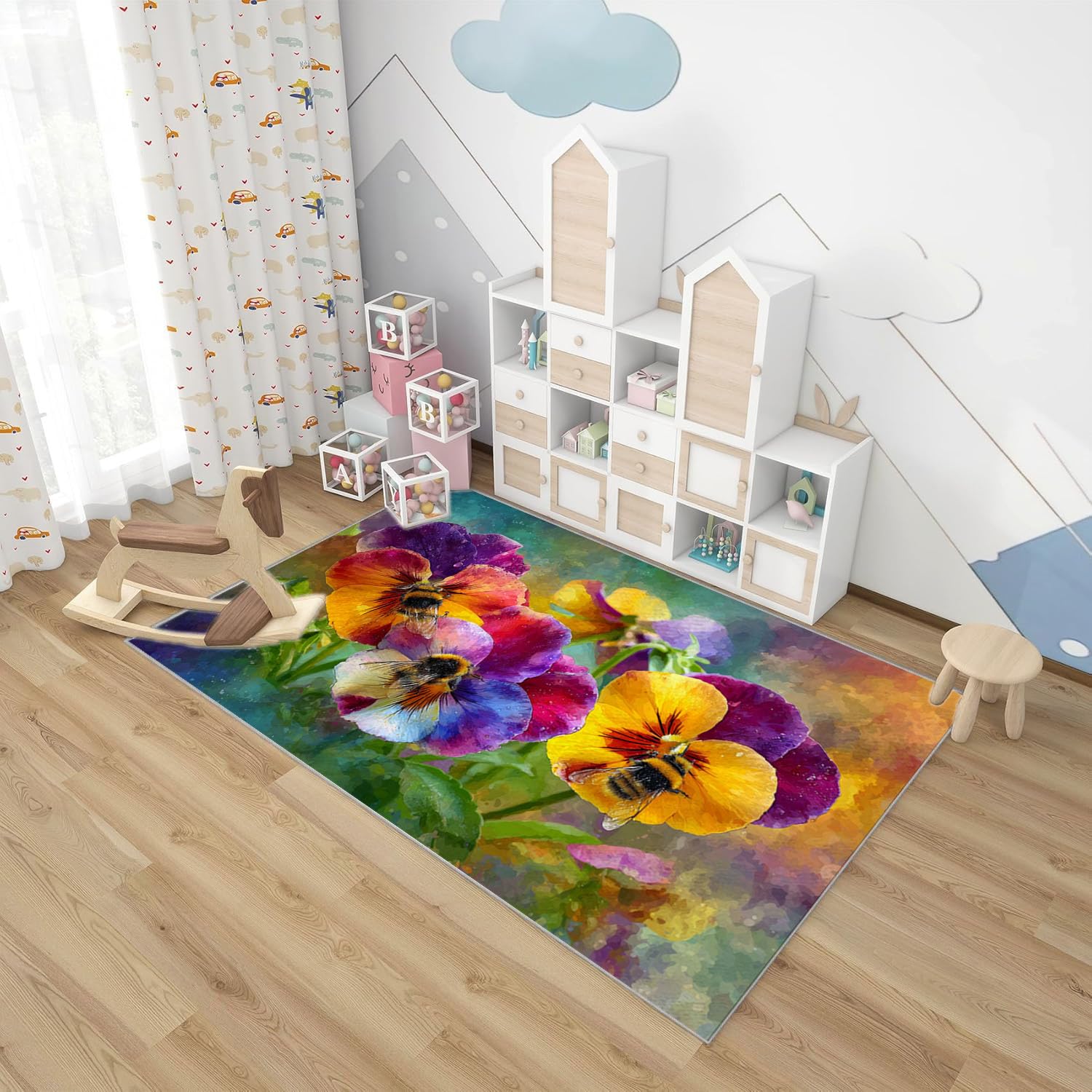 Nowoczesny dywan z geometrycznym wzorem, krótkie włosy kwiaty i pszczoły do salonu, biura, stolika kawowego, łóżka, balkonu (fioletowy-150x240cm