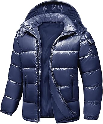 Men's Winter Puffer Jacket - Waterproof Shiny Quilted Coat Warm Thicken Ski Parka Insulated Outerwear with Hood
