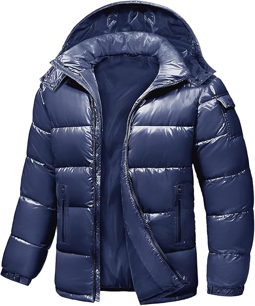Men's Winter Puffer Jacket - Waterproof Shiny Quilted Coat Warm Thicken Ski Parka Insulated Outerwear with Hood