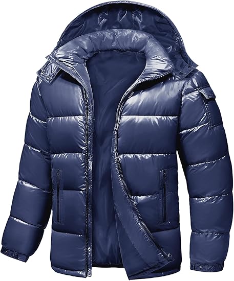 Men's Winter Puffer Jacket - Waterproof Shiny Quilted Coat Warm Thicken Ski Parka Insulated Outerwear with Hood