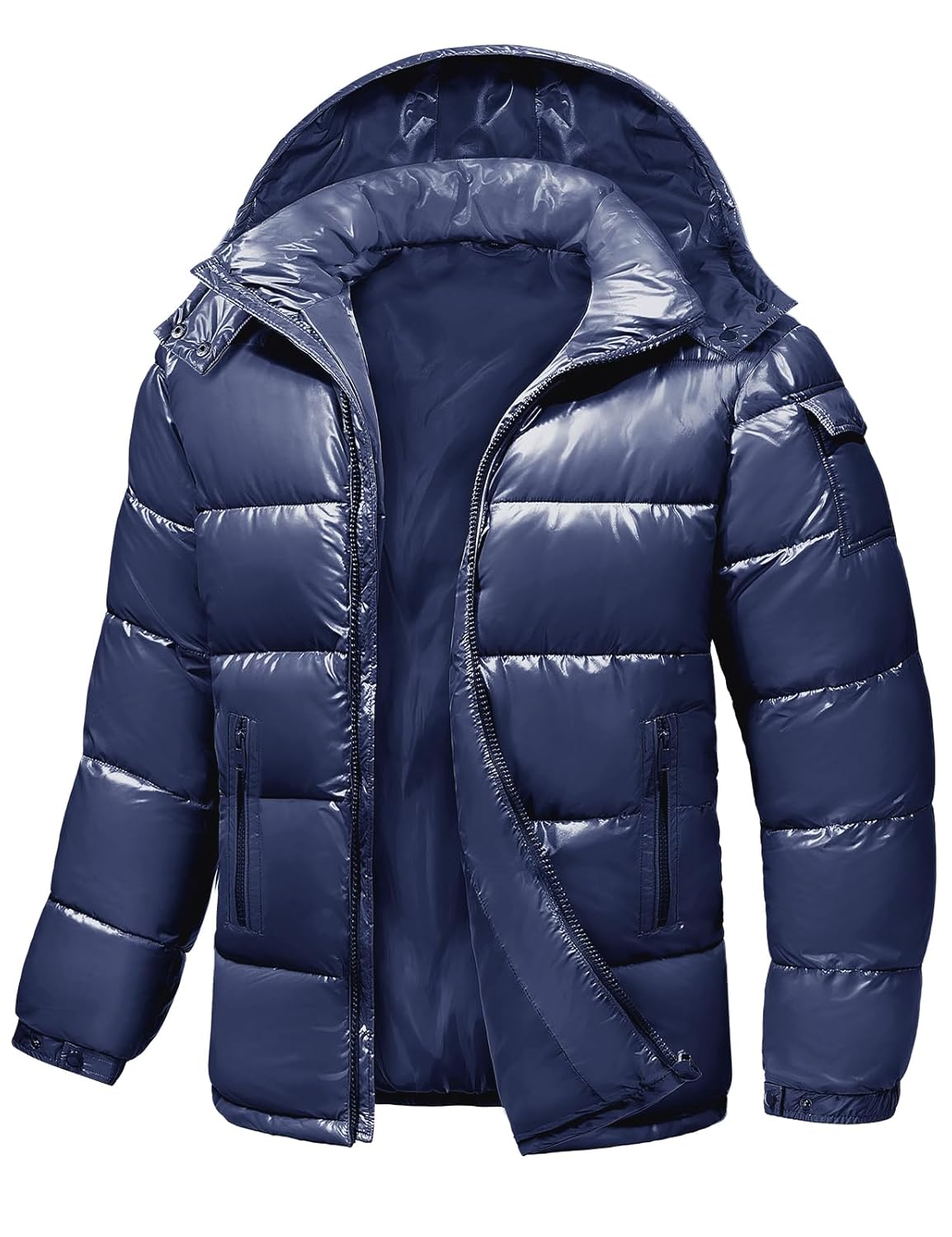 Mens Winter Puffer Jacket - Waterproof Shiny Quilted Coat Warm Thicken Ski Parka Insulated Outerwear with Hood