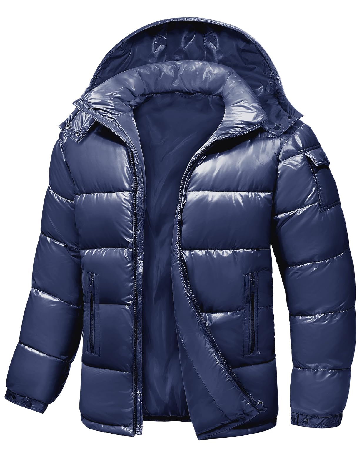 Mens Winter Puffer Jacket - Waterproof Shiny Quilted Coat Warm Thicken Ski Parka Insulated Outerwear with Hood