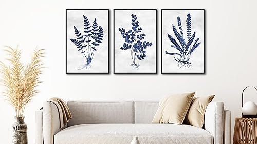 Miniatura 4 de Arte de pared botánico enmarcado grande – Decoración de pared de hoja azul marino de 16 x 24 pulgadas, juego de 3 impresiones artísticas Azul