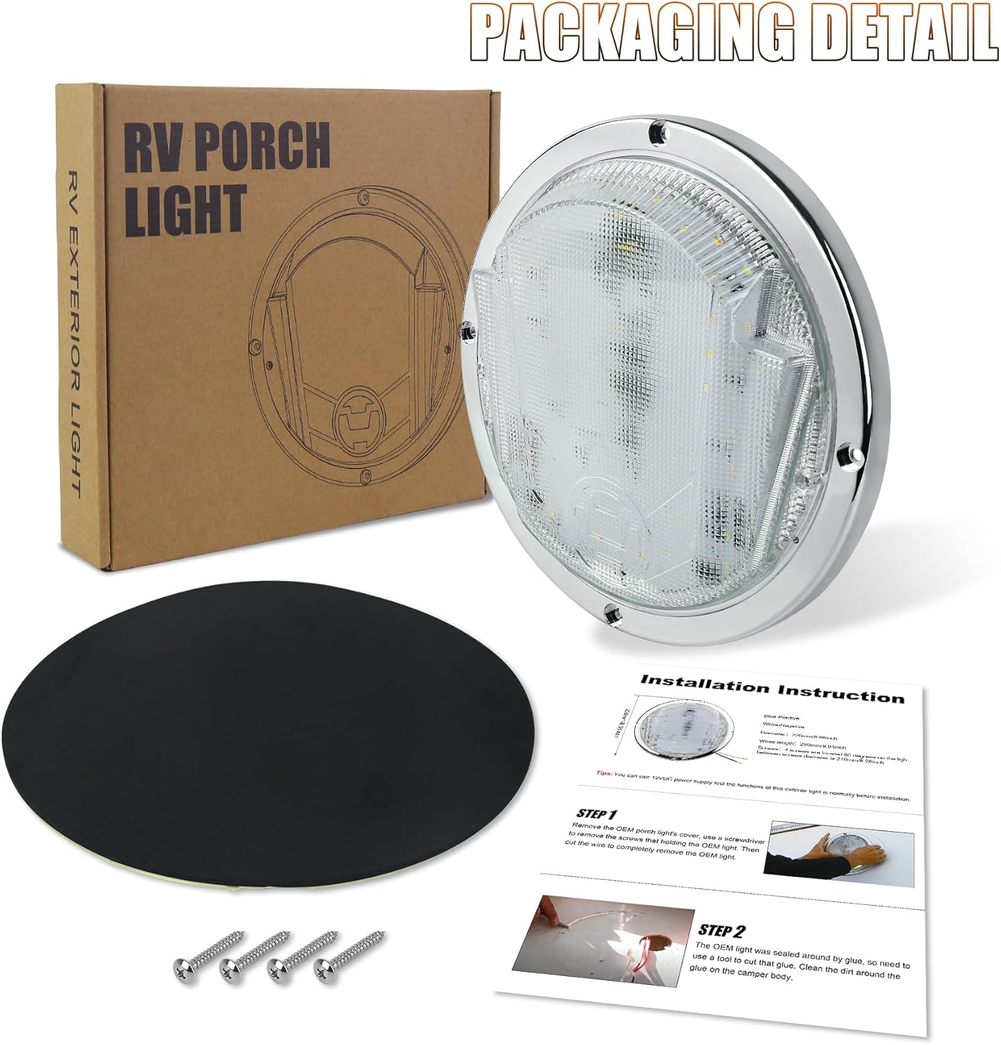 LED RV Exterior Light,8.5 Inch Round Scare Porch Light with 100pcs Dual Color Leds Flood Awning Light Replacement kit Surface Mount Fixture for RV Trailer Fifth Wheel Camper Bus