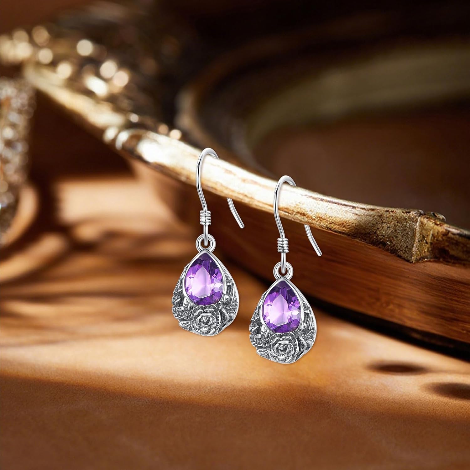 Natural Amethyst Dangle Teardrop Earring for Women 8x6mm Pear Shaped Amethyst Earring Vintage 925 Sterling Silver for Her Wife Mom - Image 2