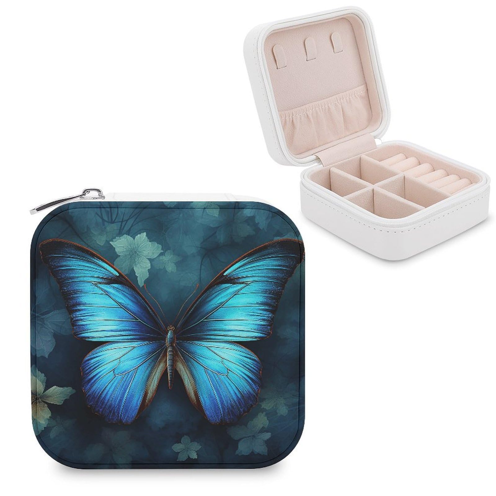 VstaDank Blue Butterfly Pattern Travel Jewelry Case Small Portable Jewellry Organizer Box PU Leather Organizer Boxes Personalized Jewellery Storage Holder Gift for Womens Rings Earrings